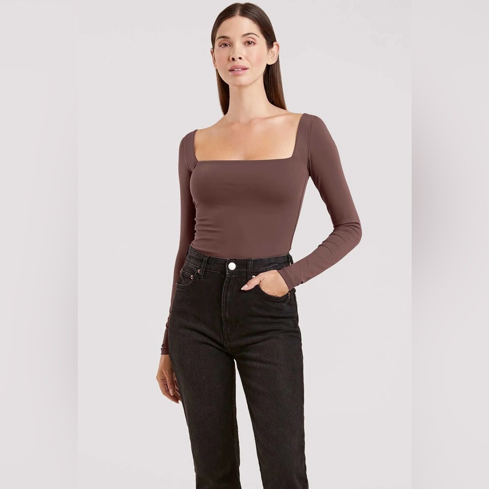 Quince Square Neck Bodysuit Brown Long Sleeve Brown NEW